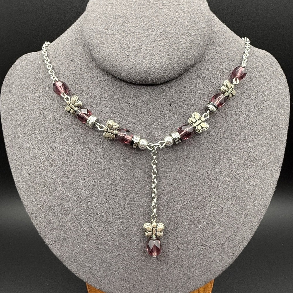 Vintage Purple Bead & Silver Tone Butterfly Y Drop Pendant Station Necklace Y2K